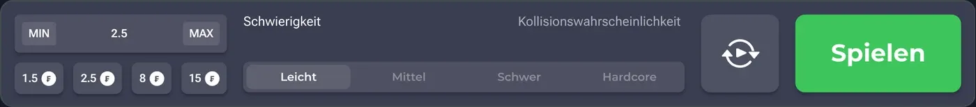 Die Bedienleiste der deutschen Demo: Einsatzfeld mit MIN und MAX, Schnelltasten 1.5, 2.5, 8 und 15 Franken, Schwierigkeit mit Leicht, Mittel, Schwer, Hardcore und der Knopf Spielen