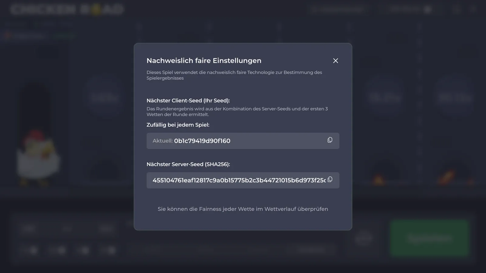 Das Fenster Nachweislich faire Einstellungen in der deutschen Demo von Chicken Road mit Client-Seed und Hash des nächsten Server-Seeds