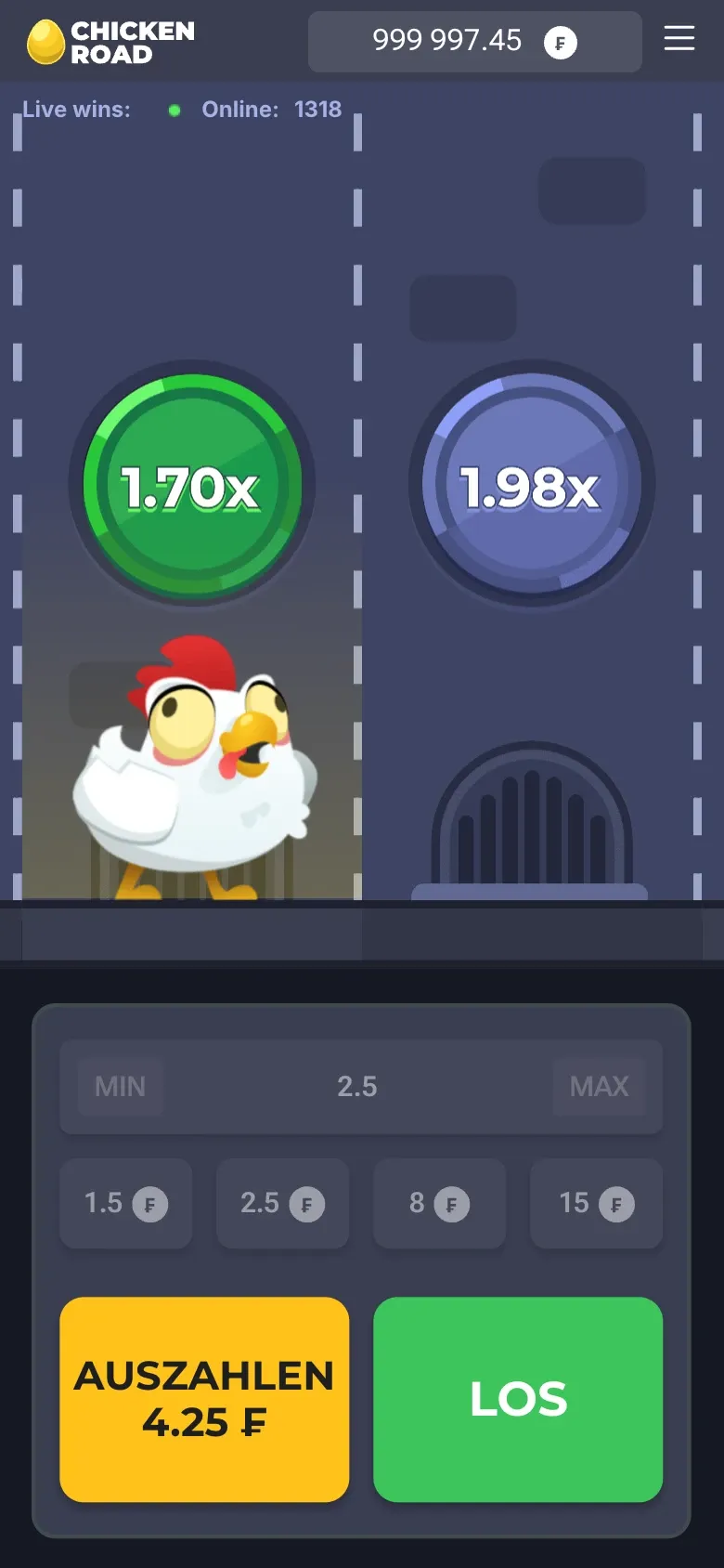 Chicken Road im Browser auf dem Handy: Guthaben oben, zwei Schilder, unten Auszahlen und Los