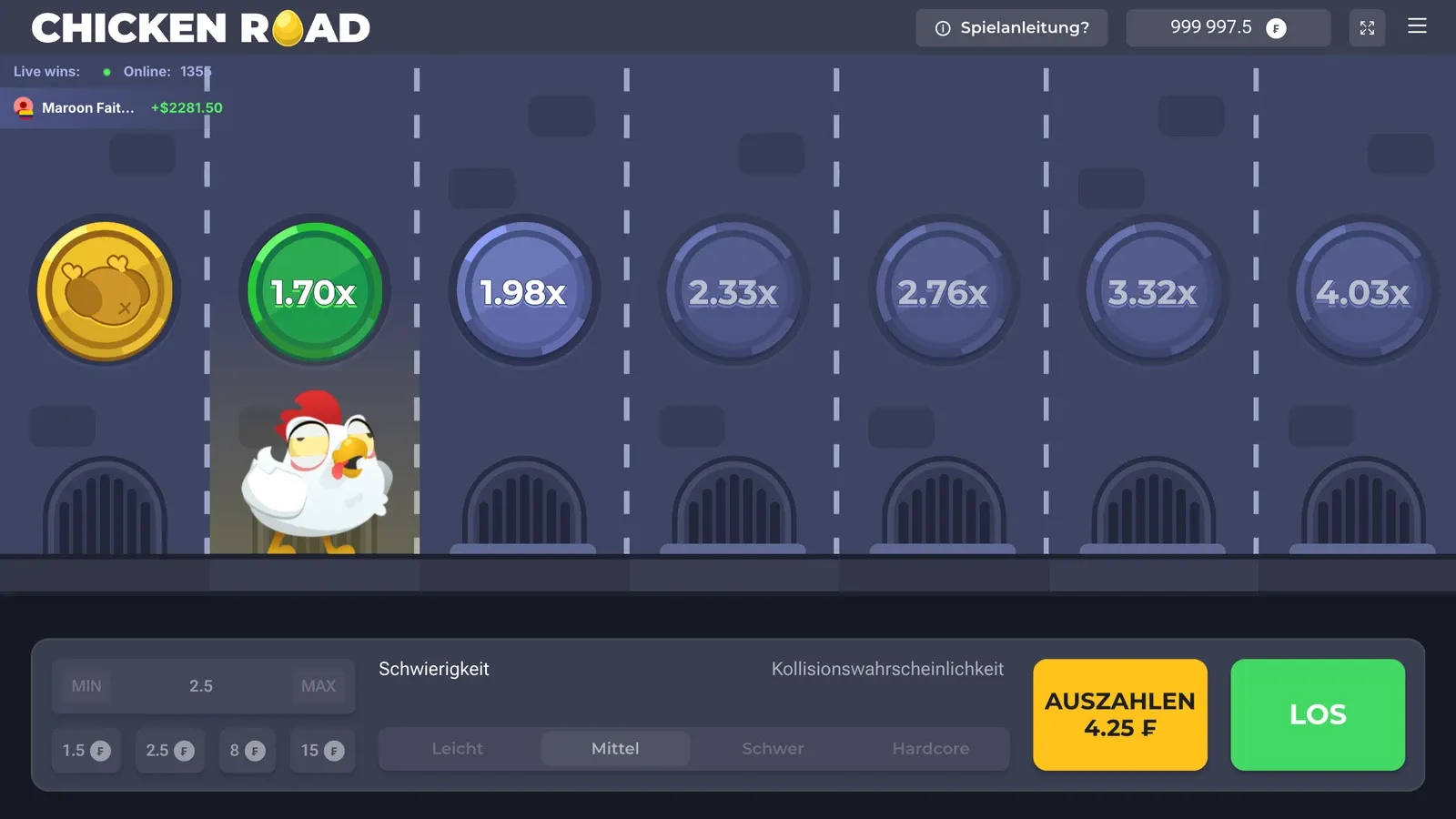 Chicken Road in der deutschen Demo auf Mittel: Das Huhn steht auf 1.70x, die nächsten Schilder zeigen 1.98x, 2.33x und 2.76x, unten die Knöpfe Auszahlen 4.25 Franken und Los