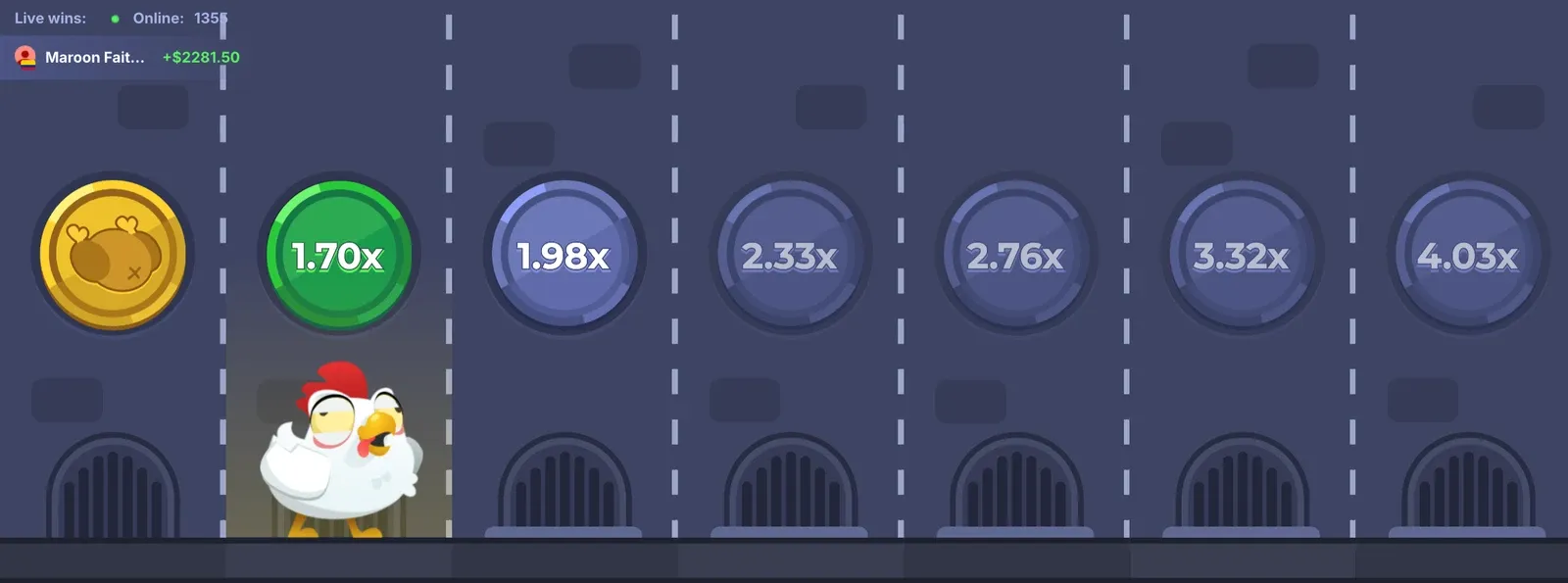Die Strasse von Chicken Road in der deutschen Demo mit den Schildern 1.70x, 1.98x, 2.33x, 2.76x, 3.32x und 4.03x