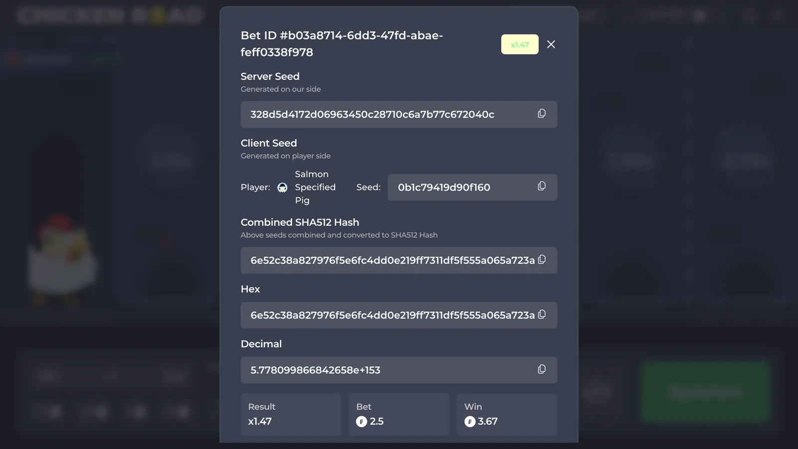 Die Karte einer Runde in der deutschen Demo mit Server-Seed, Client-Seed, kombiniertem SHA512-Hash, Ergebnis x1.47, Einsatz 2.5 und Gewinn 3.67 Franken