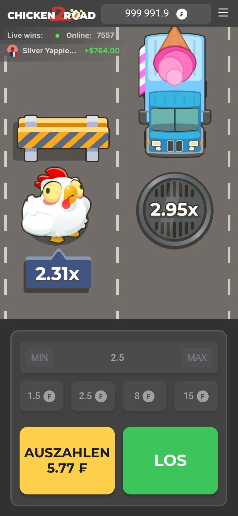 Chicken Road 2 im Hochformat auf dem Handy im Browser, mit Auszahlen 5.77 Franken und Los