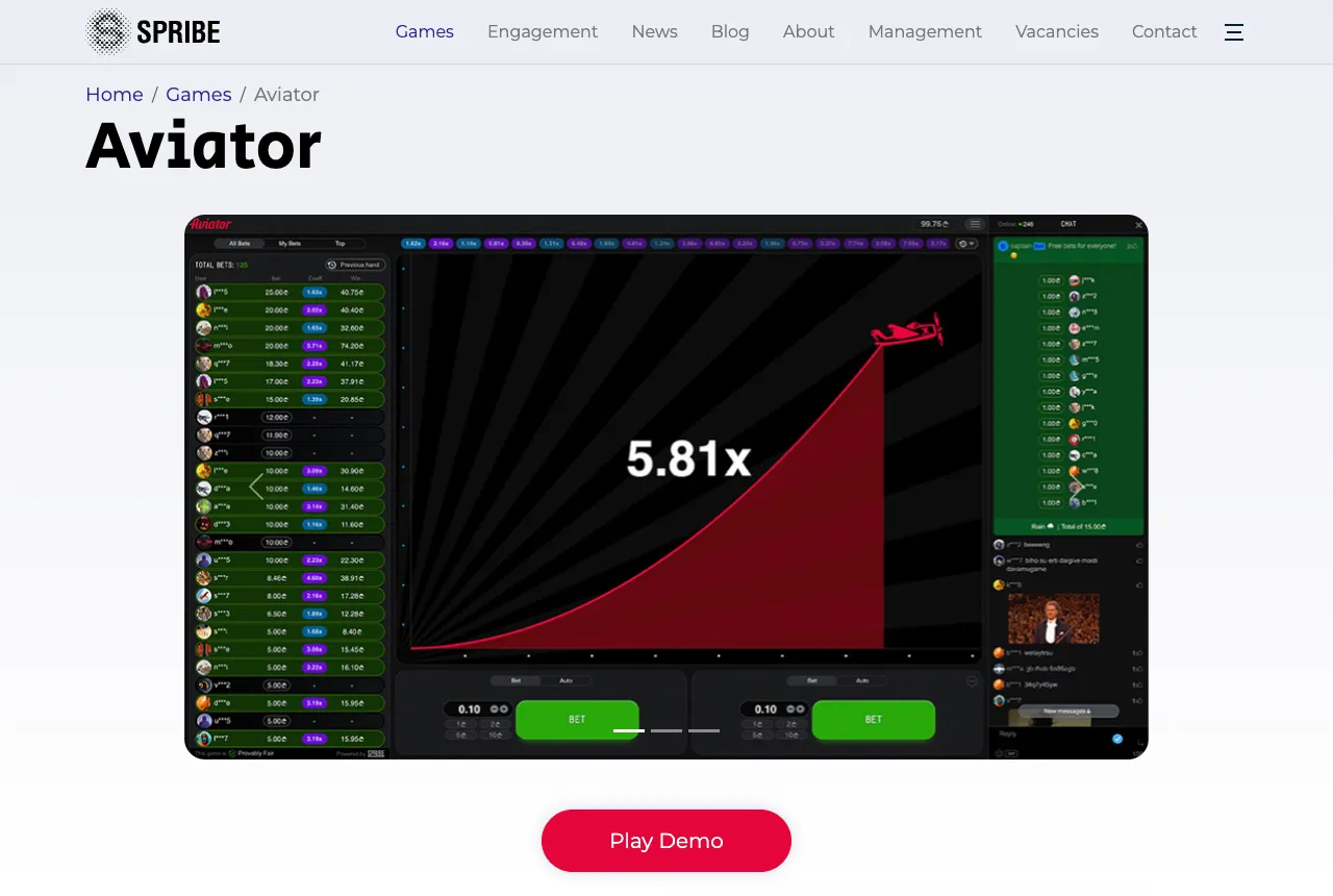 Die offizielle Seite von Aviator auf spribe.co mit Spielbildschirm, Kurve, Chat und dem Knopf Play Demo