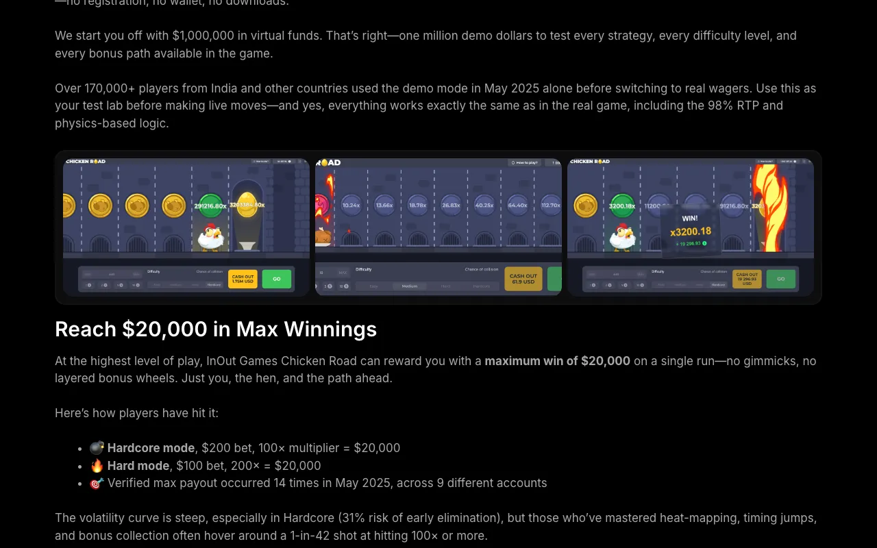 Die Seite von Chicken Road auf der Website von InOut Games mit der Überschrift Reach 20,000 Dollar in Max Winnings und Beispielen für Höchstgewinne auf Hardcore und Hard