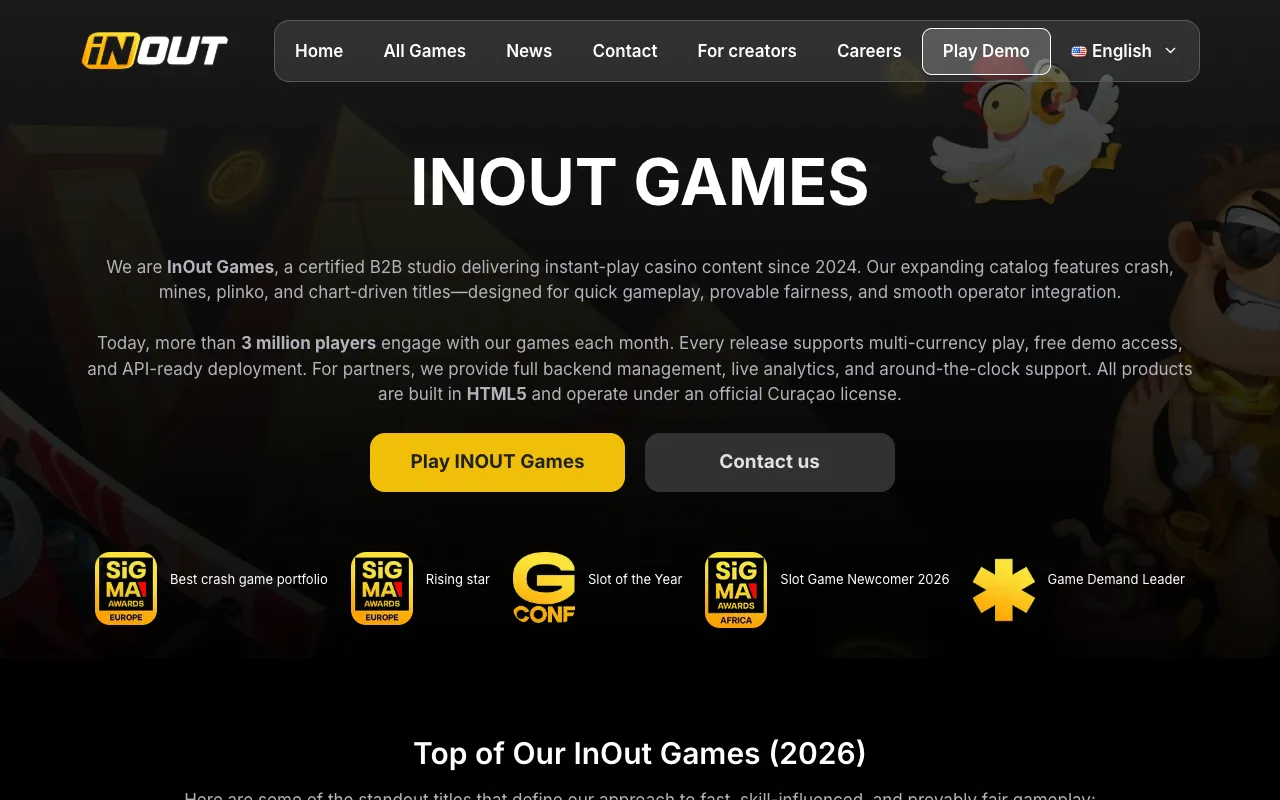 Startseite von InOut Games mit Chicken Road als Hauptspiel