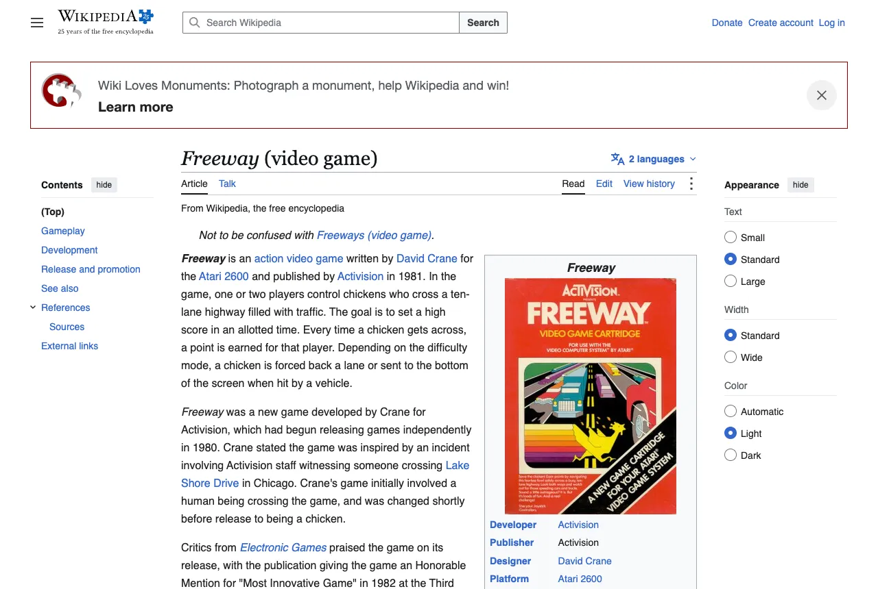 Der englische Wikipedia-Artikel zum Videospiel Freeway von Activision mit Entwickler und Designer David Crane