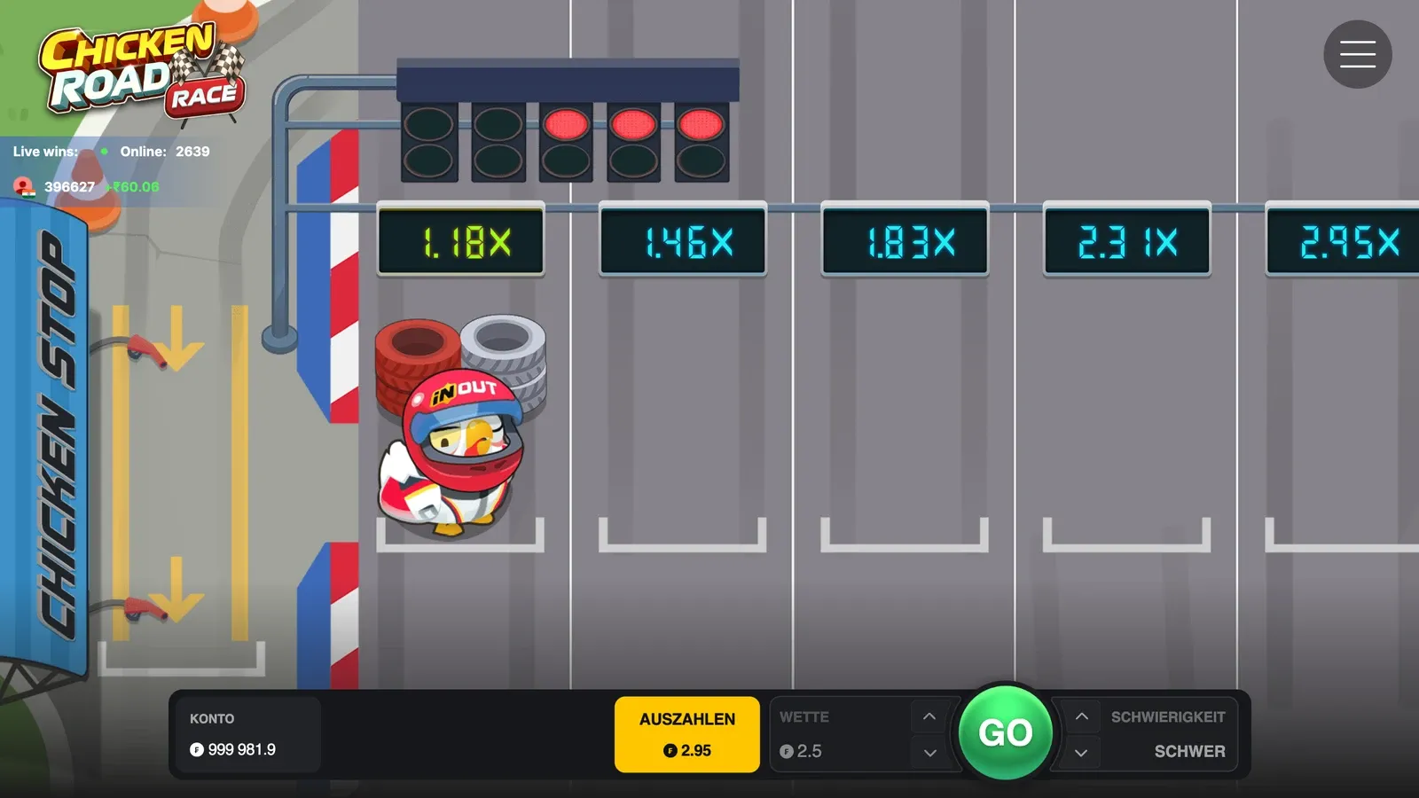 Eine Runde Chicken Road Race auf Schwer: Das Huhn mit Helm steht auf 1.18x, der Knopf Auszahlen zeigt 2.95 Franken