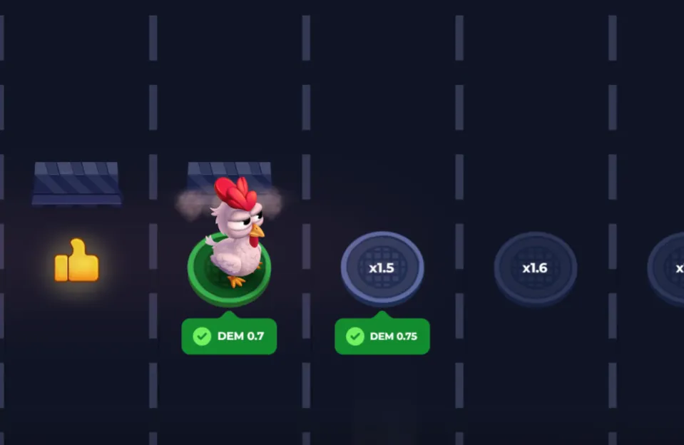Spielfeld von Uncrossable Rush: das Huhn am Rand einer mehrspurigen Autobahn mit Multiplikatoren über den Spuren