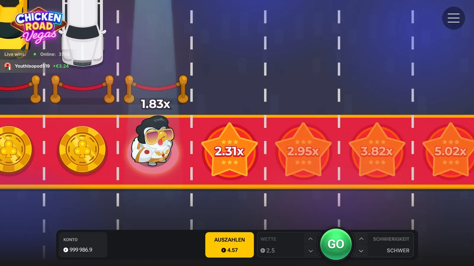 Eine Runde Chicken Road Vegas auf Schwer: Das Huhn auf dem roten Teppich steht auf 1.83x