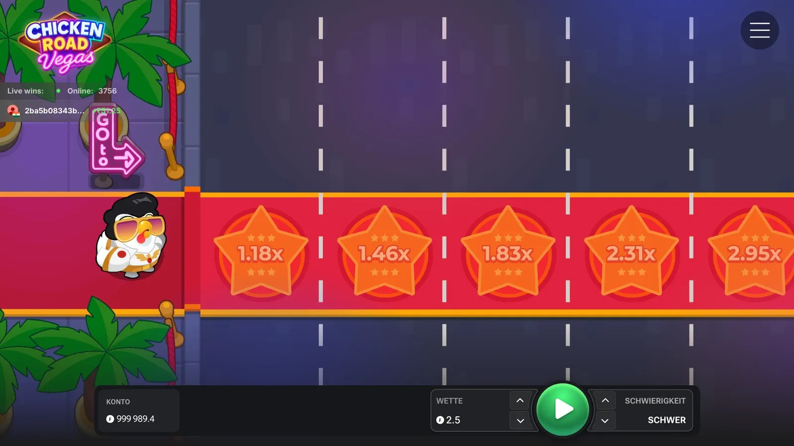 Chicken Road Vegas auf Schwer in der deutschen Demo mit den Sternen 1.18x, 1.46x, 1.83x, 2.31x und 2.95x