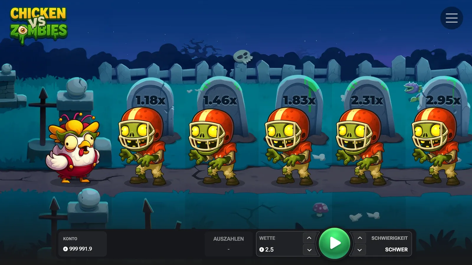 Chicken vs Zombies auf Schwer in der deutschen Demo mit den Grabsteinen 1.18x, 1.46x, 1.83x, 2.31x und 2.95x